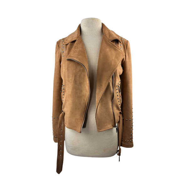 BKE Faux Suede Studded Stretch Asymmetrical Zip Moto Jacket Chestnut Brown Small - Picture 4 of 13